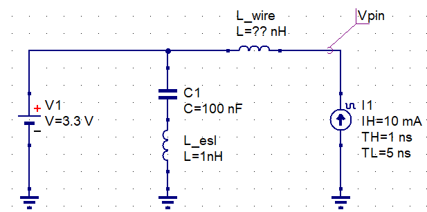 Equivalent circuit of a decoupling capacitor with wiring inductance L_wire and capacitor ESL in series